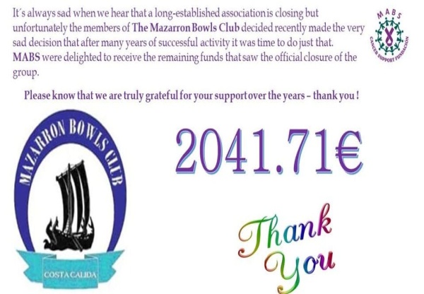 Grateful Thanks to Mazarron Bowls Club